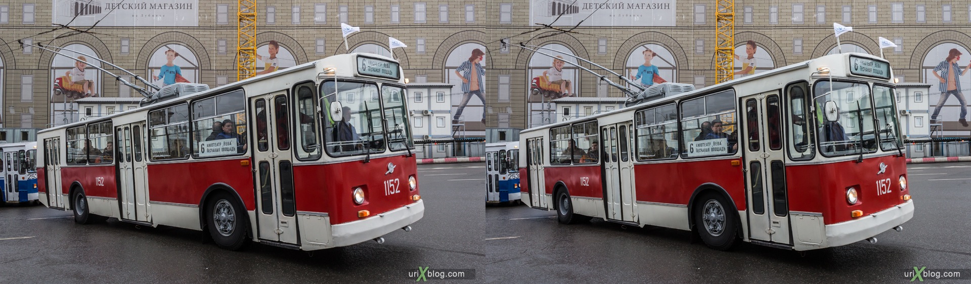 2013, Москва, Парад, старый, старинный, троллейбус, улица, Лубянская площадь, 3D, перекрёстная стереопара, стерео, стереопара