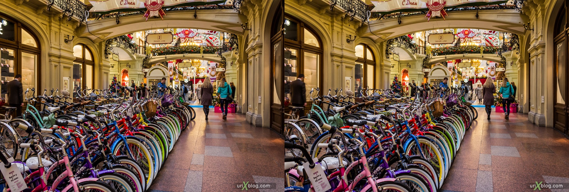 2013, Moscow, Russia, GUM, bicycles, vehicle, exhibition, shop, mall, 3D, stereo pair, cross-eyed, crossview, cross view stereo pair, stereoscopic