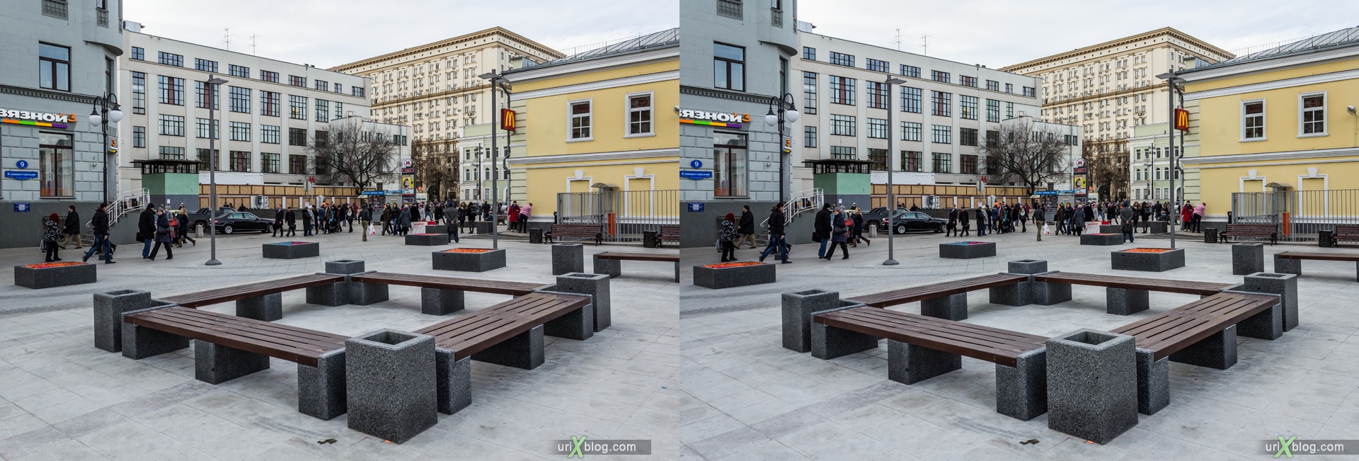 2013, Moscow, Russia, Tratjakovskaya, metro, square, street, new pedestrian zone, 3D, stereo pair, cross-eyed, crossview, cross view stereo pair, stereoscopic