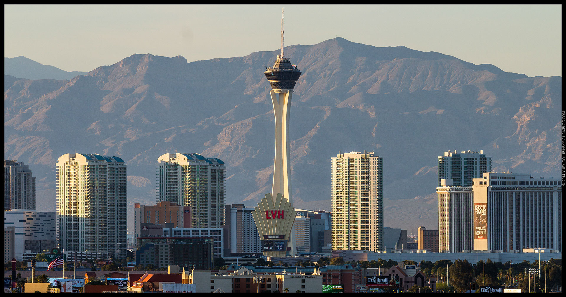 Stratosphere tower, casino, hotel, mountains, 2014, LAS, Las Vegas McCarran International airport, strip, LV, Clark County, USA, Nevada, panorama, horizon, city
