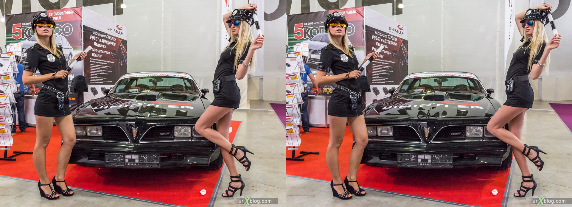 2014, old Pontiac, girls, models, Moscow International Automobile Salon, MIAS, Crocus Expo, Moscow, Russia, augest, 3D, stereo pair, cross-eyed, crossview, cross view stereo pair, stereoscopic