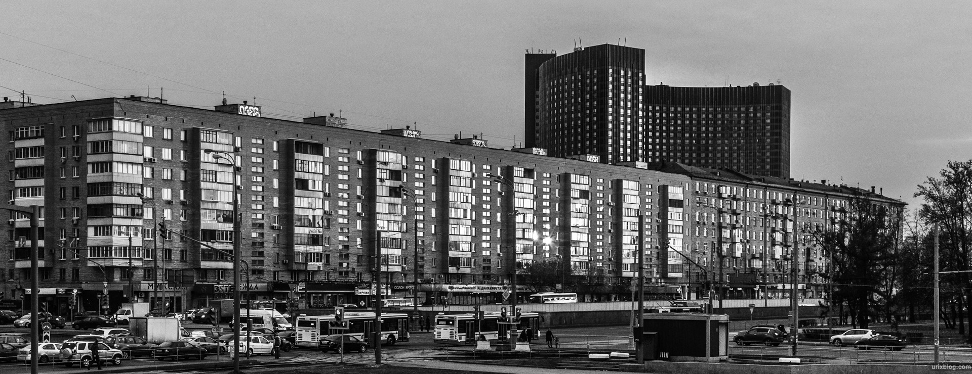 2014, Prospect Mira, Peace avenue, 182, house, VDNKh, Moscow, USSR, Russia, panorama, windows, BW, black and white