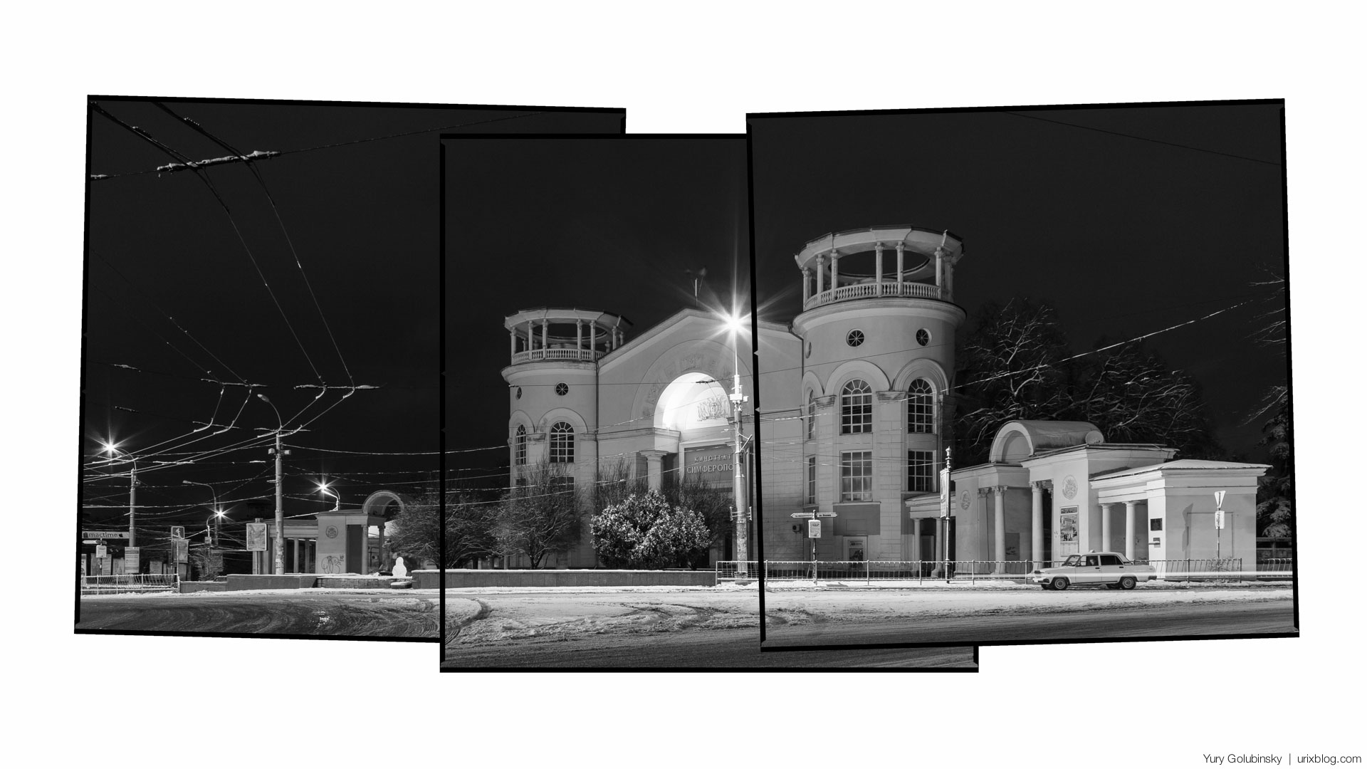 night, Simferopol', cinema, theater, Soviet, USSR,  building, architecture, Crimea, Russia, winter, january, snow, panorama, BW, black and white, 2015