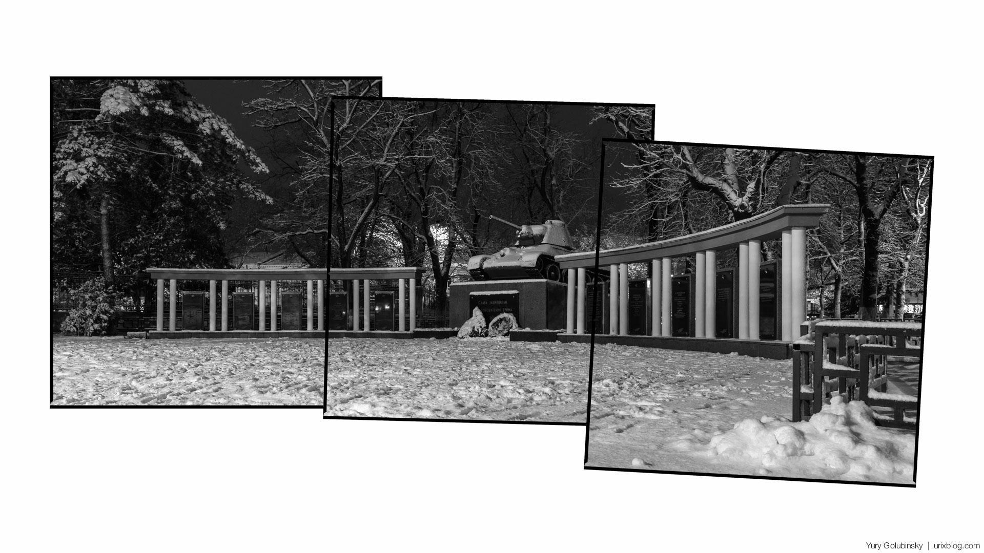 night, Simferopol', tank, monument, Soviet, USSR, WW2, Crimea, Russia, winter, january, snow, panorama, BW, black and white, 2015
