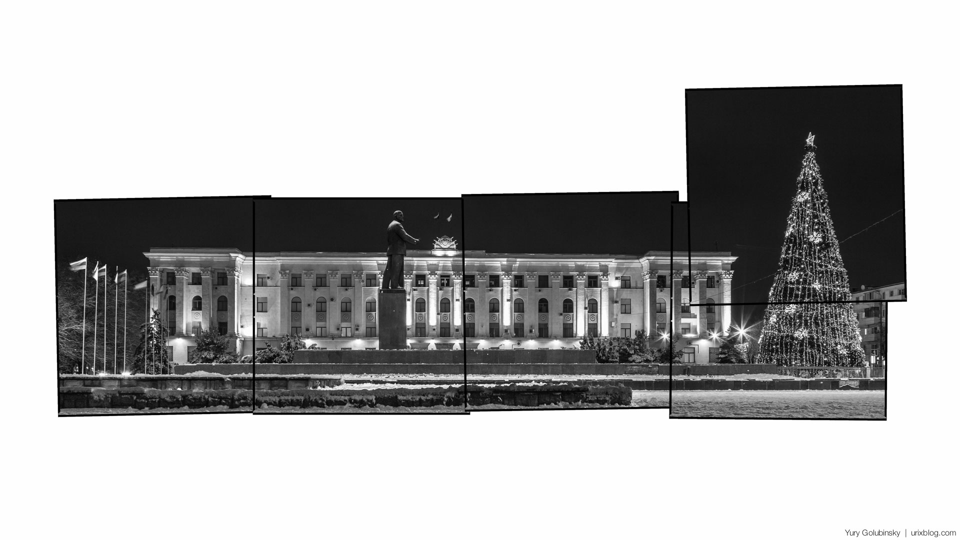 night, Simferopol', Lenin, square, New year tree, flags, parliament building, Crimea, Russia, winter, january, snow, panorama, BW, black and white, 2015