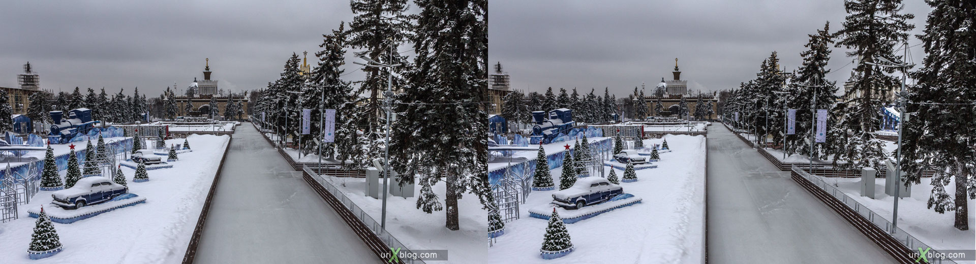 Skating-rink, VDNKh, VVTs, park, winter, ice, snow, Moscow, Russia, 3D, stereo pair, cross-eyed, crossview, cross view stereo pair, stereoscopic, 2015