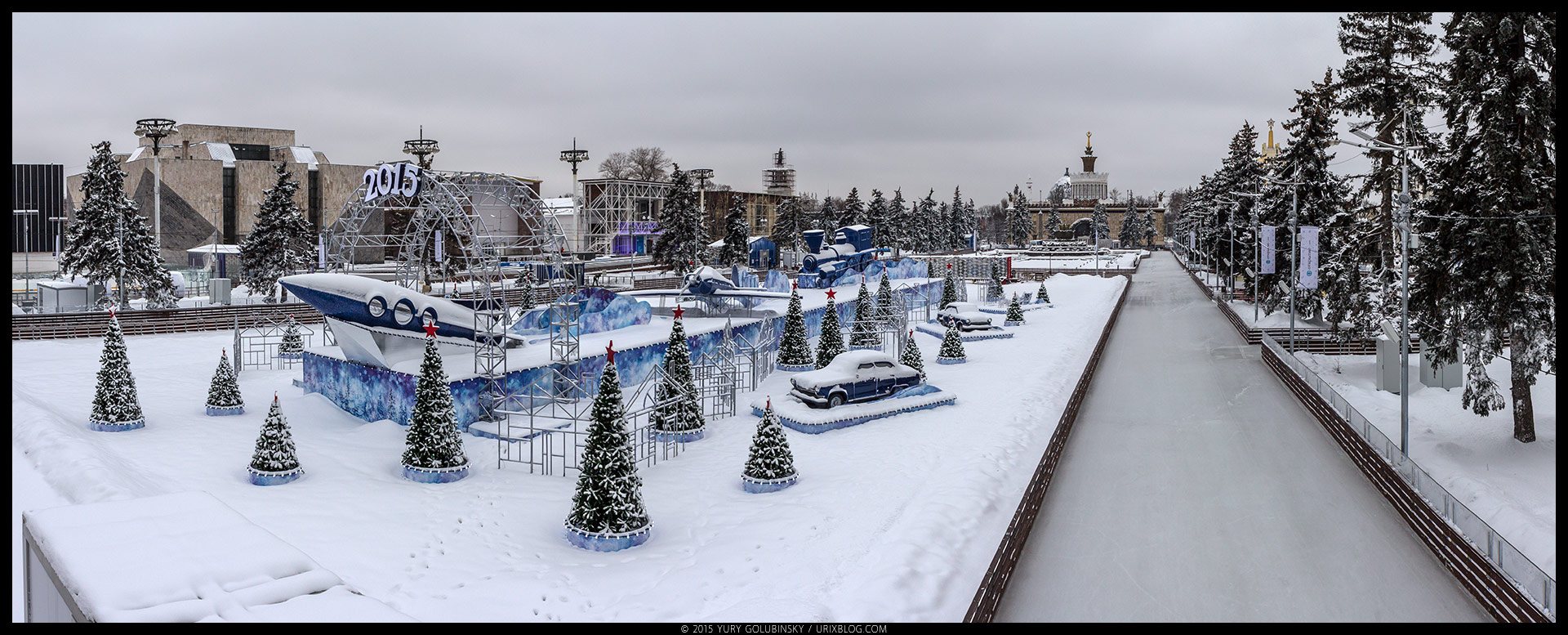 Ледяной каток, ВДХН, парк, лёд, снег, зима, советский стиль, ракета, архитектура, Москва, Россия, январь, панорама, 2015