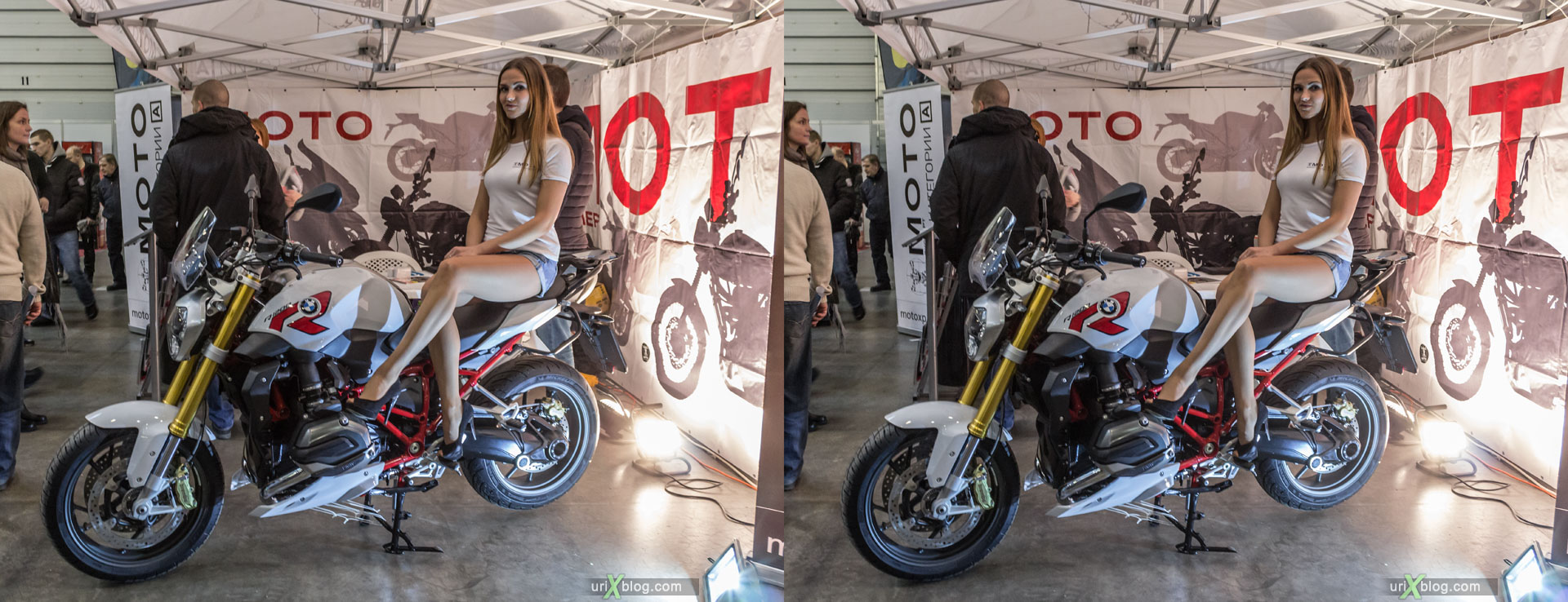 Moto park, exhibition, girl, model, Crocus Expo, Moscow, Russia, 3D, stereo pair, cross-eyed, crossview, cross view stereo pair, stereoscopic, 2015