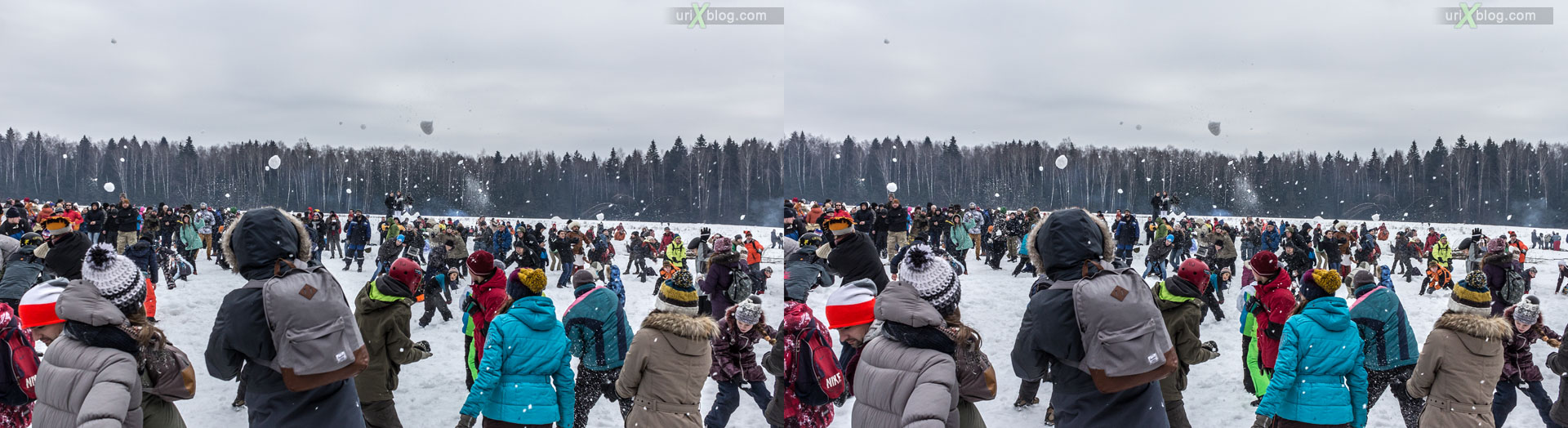 Bakshevskaja Maslenitsa, snowballs, fight, Khlyupino railway station, Moscow, Russia, 3D, stereo pair, cross-eyed, crossview, cross view stereo pair, stereoscopic, 2015