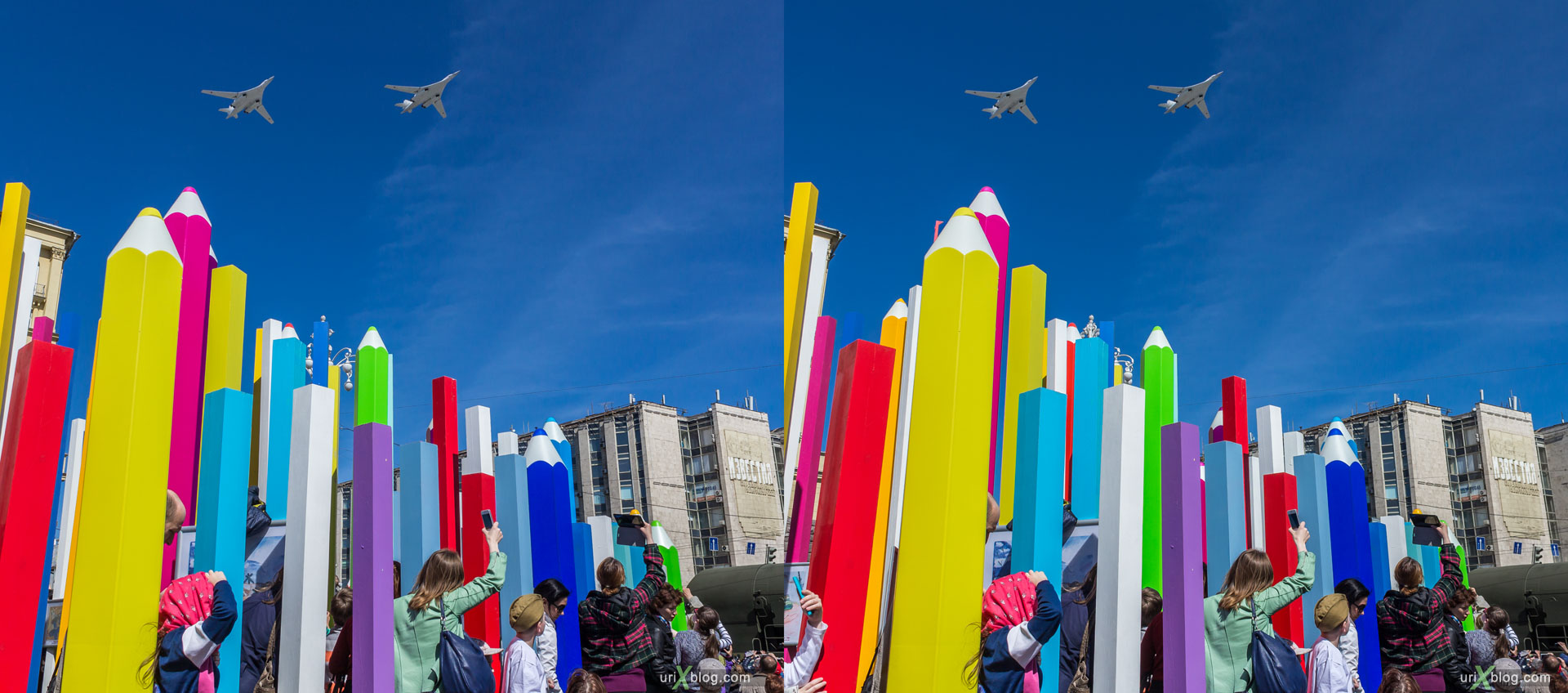parade, aviation, airplanes, 9 may, victory day, rehearsal, pencils, Moscow, Russia, 3D, stereo pair, cross-eyed, crossview, cross view stereo pair, stereoscopic, 2015
