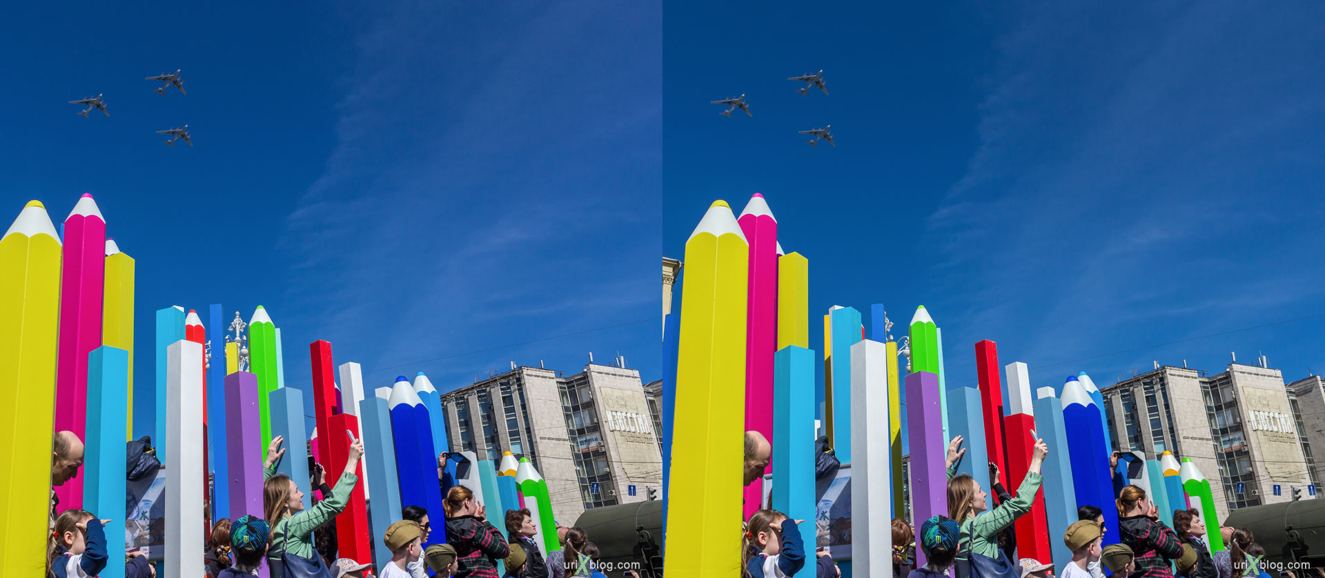 parade, aviation, airplanes, 9 may, victory day, rehearsal, pencils, Moscow, Russia, 3D, stereo pair, cross-eyed, crossview, cross view stereo pair, stereoscopic, 2015