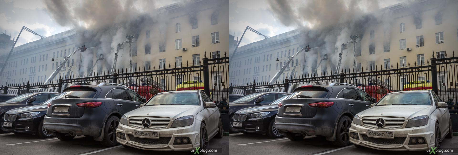 fire, smoke, accident, Ministry of Defense building, Bolshoy Znamensky Lane, Moscow, Russia, city, 3D, stereo pair, cross-eyed, crossview, cross view stereo pair, stereoscopic, 2016