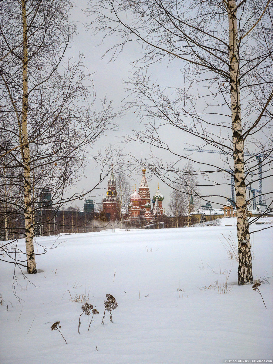 парк Зарядье, Москва, Россия, 2018, зима, снег, утро, безлюдно