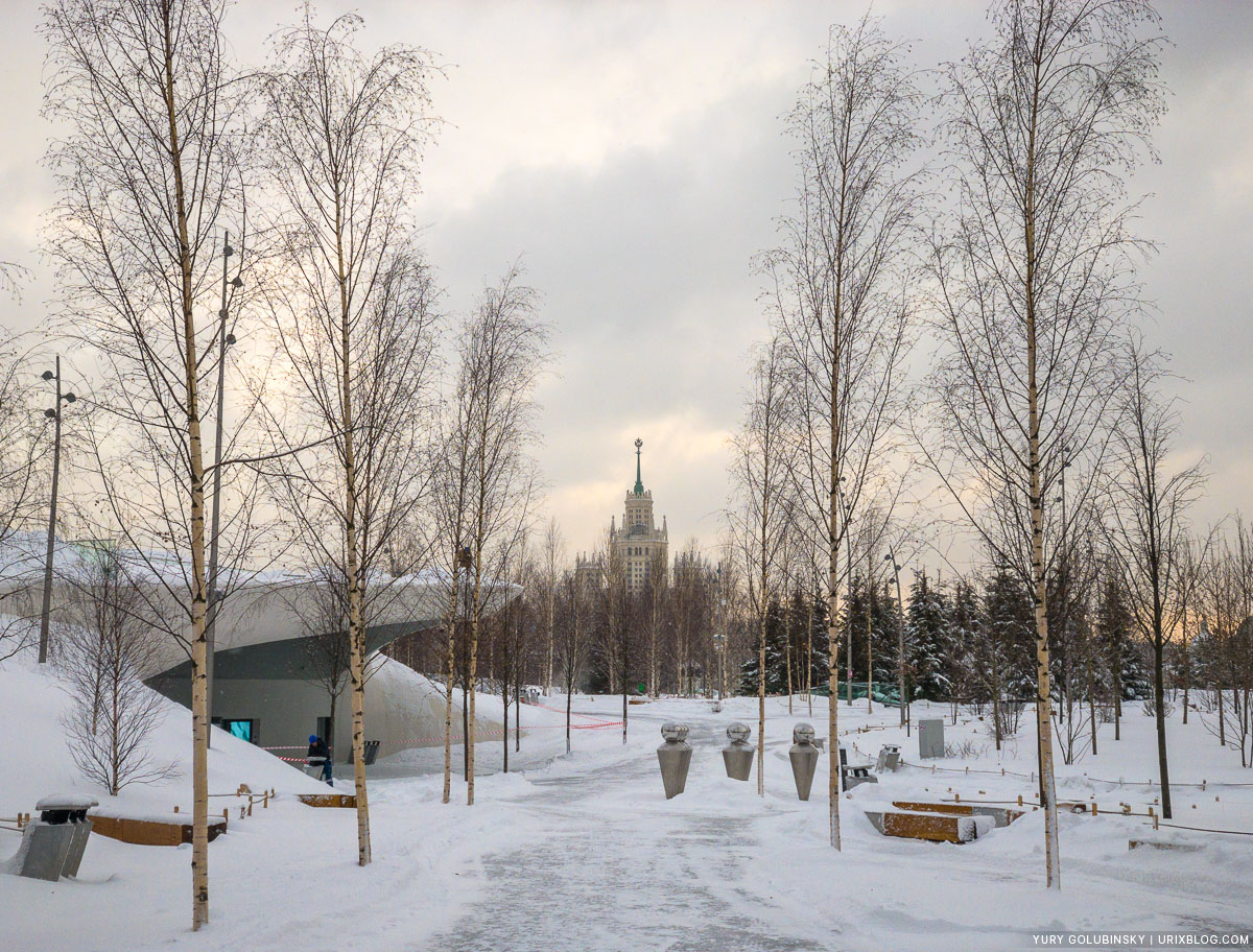 парк Зарядье, Москва, Россия, 2018, зима, снег, утро, безлюдно