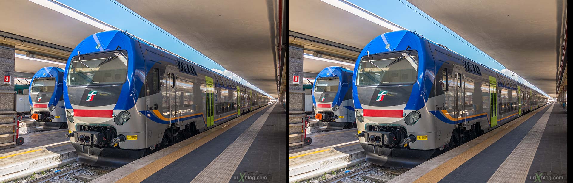 Napoli Centrale, Naples, train station, train, electric locomotive, Italy, 3D, stereo pair, cross-eyed, crossview, cross view stereo pair, stereoscopic