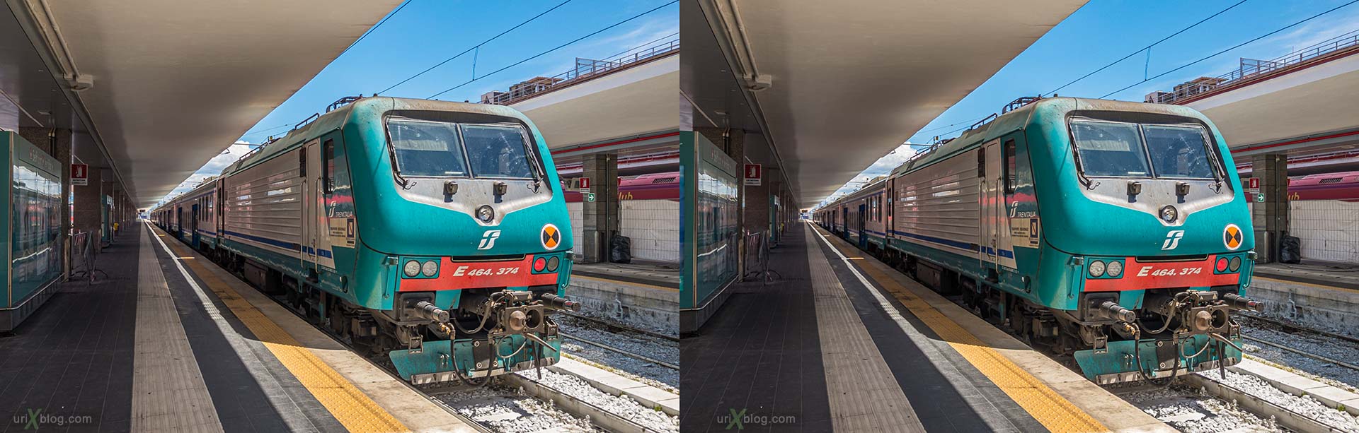Napoli Centrale, Naples, train station, train, electric locomotive, Italy, 3D, stereo pair, cross-eyed, crossview, cross view stereo pair, stereoscopic
