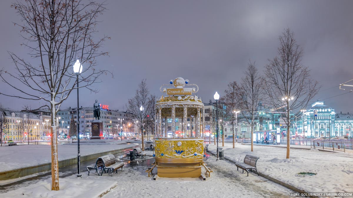 Трамвай, Белорусский вокзал, площадь Тверская Застава, Белая площадь, новый год, зима, снег, ночь, Москва, Россия