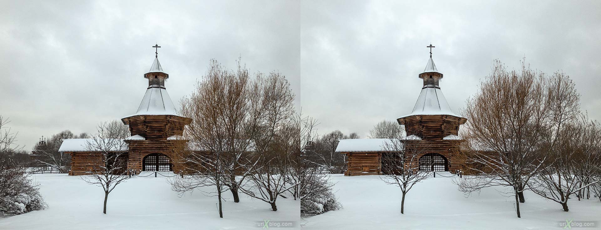 Russian Wooden Architecture, tower of the Nikolo-Korelsky monastery, Kolomenskoye, park, wooden building, winter, snow, Moscow, Russia, 3D, stereo pair, cross-eyed, crossview, cross view stereo pair, stereoscopic