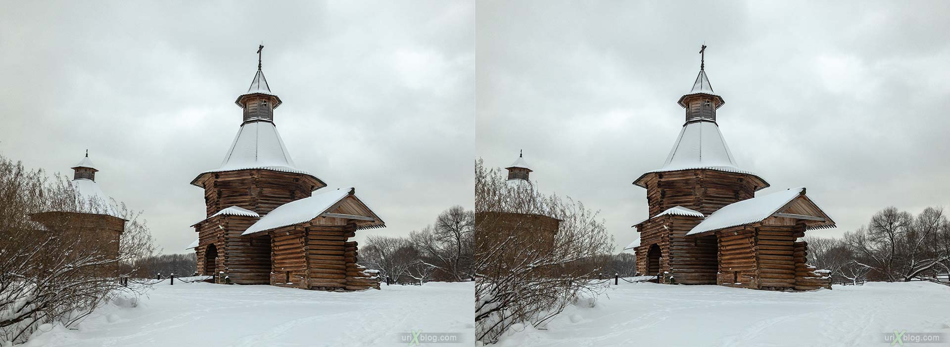 Russian Wooden Architecture, tower of the Nikolo-Korelsky monastery, Mokhovaya (Moss) tower, Kolomenskoye, park, wooden building, winter, snow, Moscow, Russia, 3D, stereo pair, cross-eyed, crossview, cross view stereo pair, stereoscopic