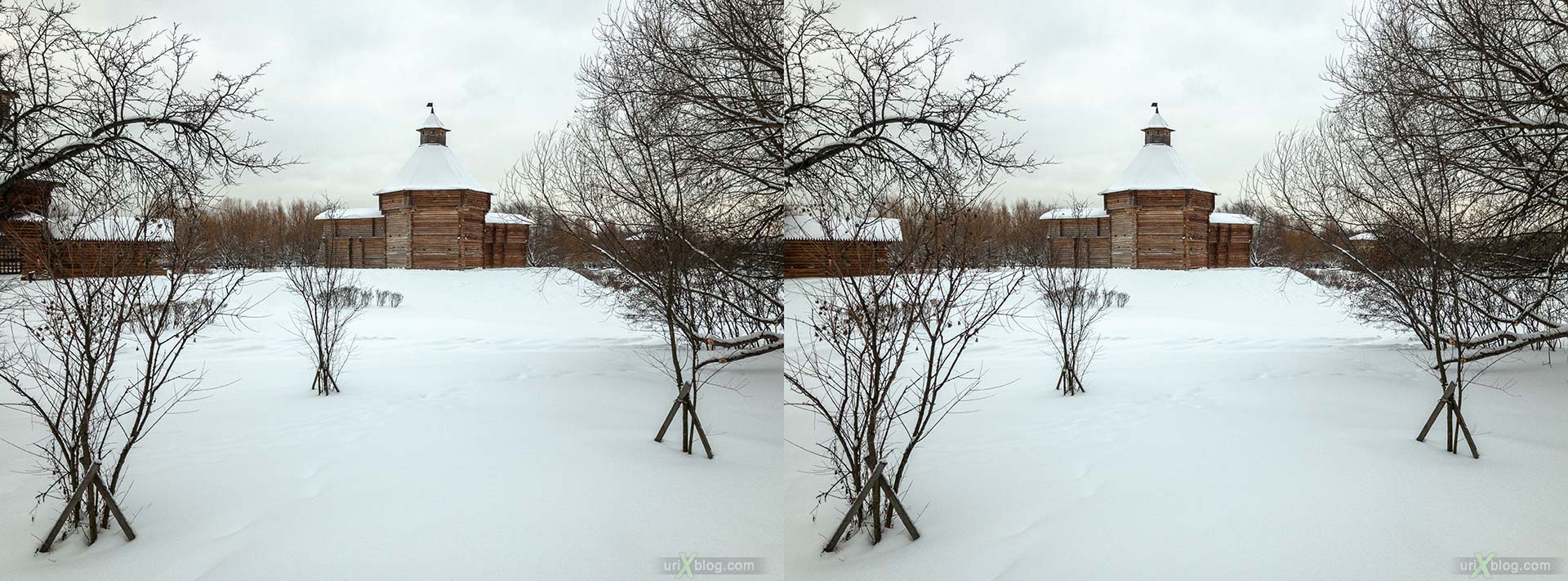 Russian Wooden Architecture, Mokhovaya (Moss) tower, Kolomenskoye, park, wooden building, winter, snow, Moscow, Russia, 3D, stereo pair, cross-eyed, crossview, cross view stereo pair, stereoscopic