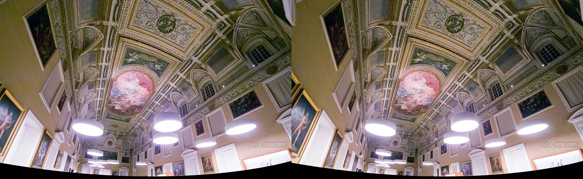 The Hall of the Sundial, ceiling, lamps, painting, National Archaeological Museum of Naples, ancient Rome, Pompei, exhibition, Naples, Italy, 3D, stereo pair, cross-eyed, crossview, cross view stereo pair, stereoscopic