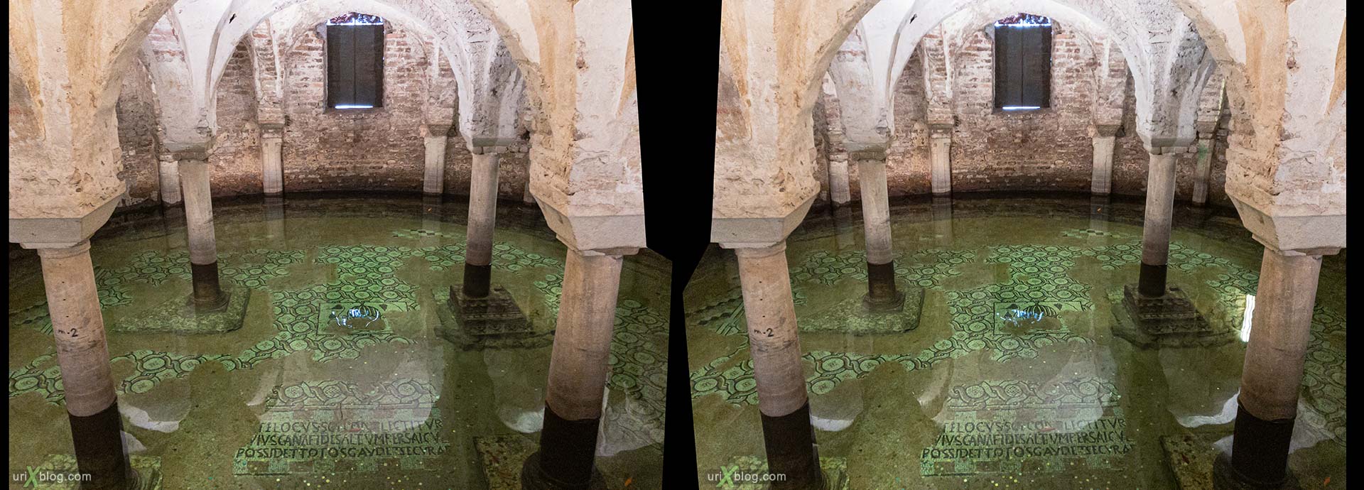 flooded crypt, Basilica of Saint Francis, mosaic, Ravenna, Italy, 3D, stereo pair, cross-eyed, crossview, cross view stereo pair, stereoscopic