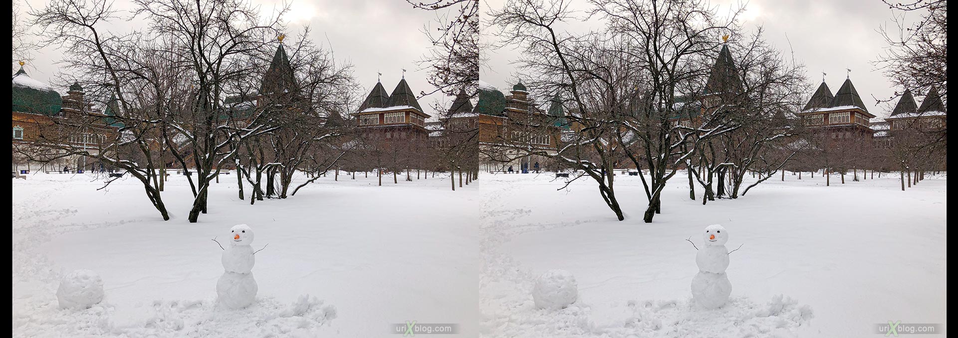 snowman, Kolomenskoye park, winter, snow, Russia, 3D, stereo pair, cross-eyed, crossview, cross view stereo pair, stereoscopic