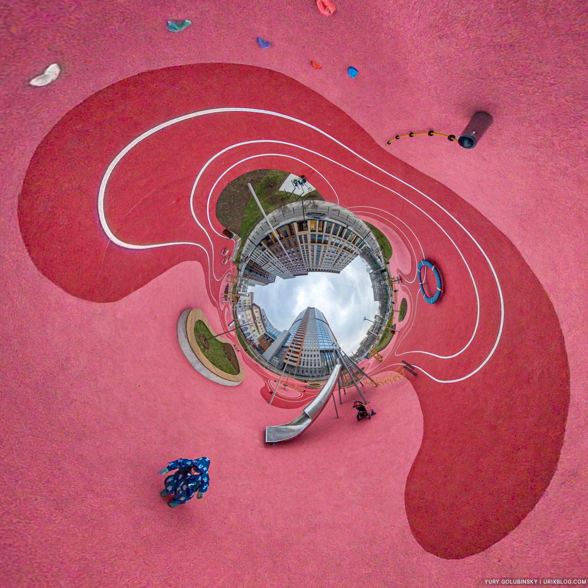 Playground, Tsarskaya Ploshchad, little planet, tiny planet, panorama, Moscow, Russia, 2020