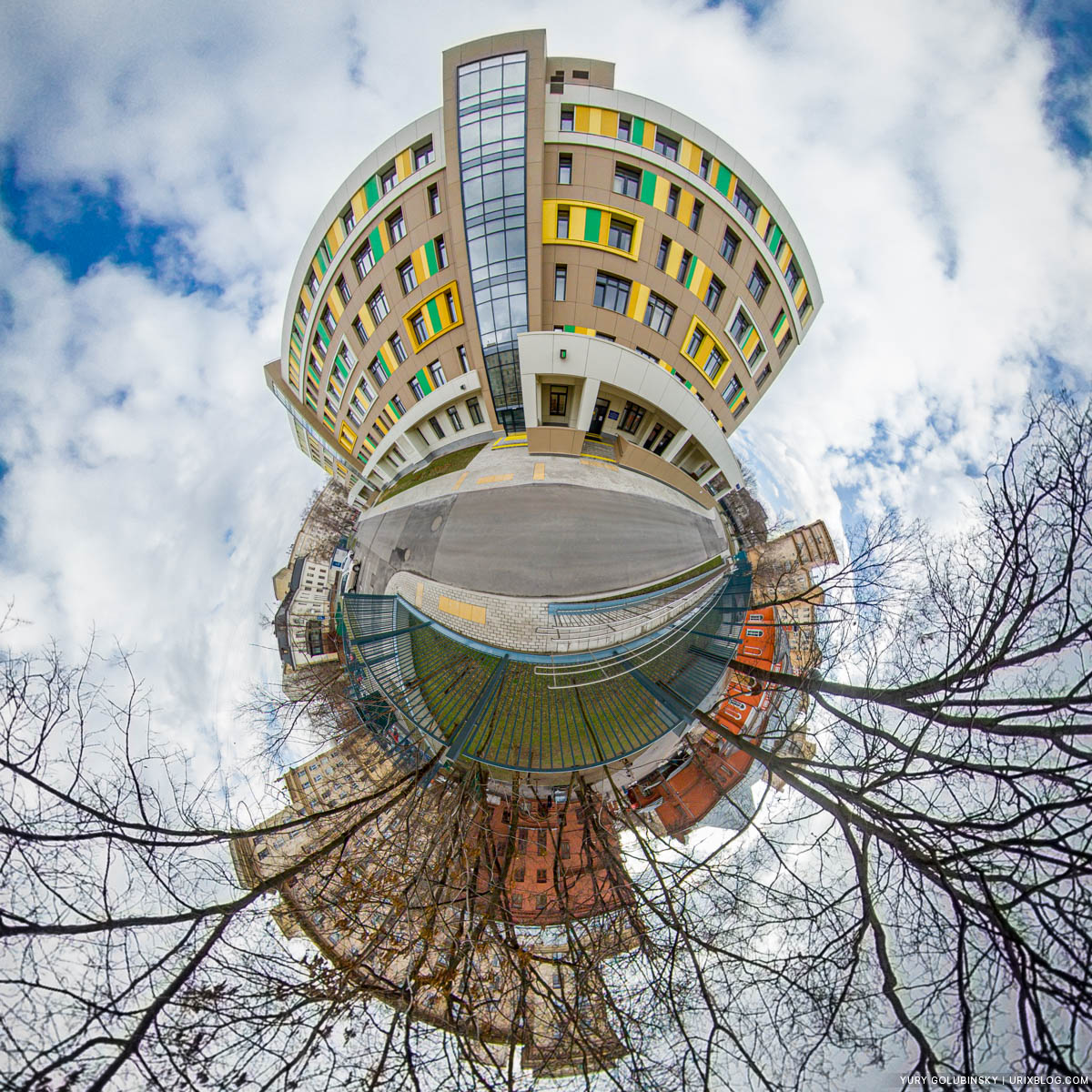 Church, polyclinic, hospital, littple planet, tiny planet, panorama, Moscow, Russia, 2020