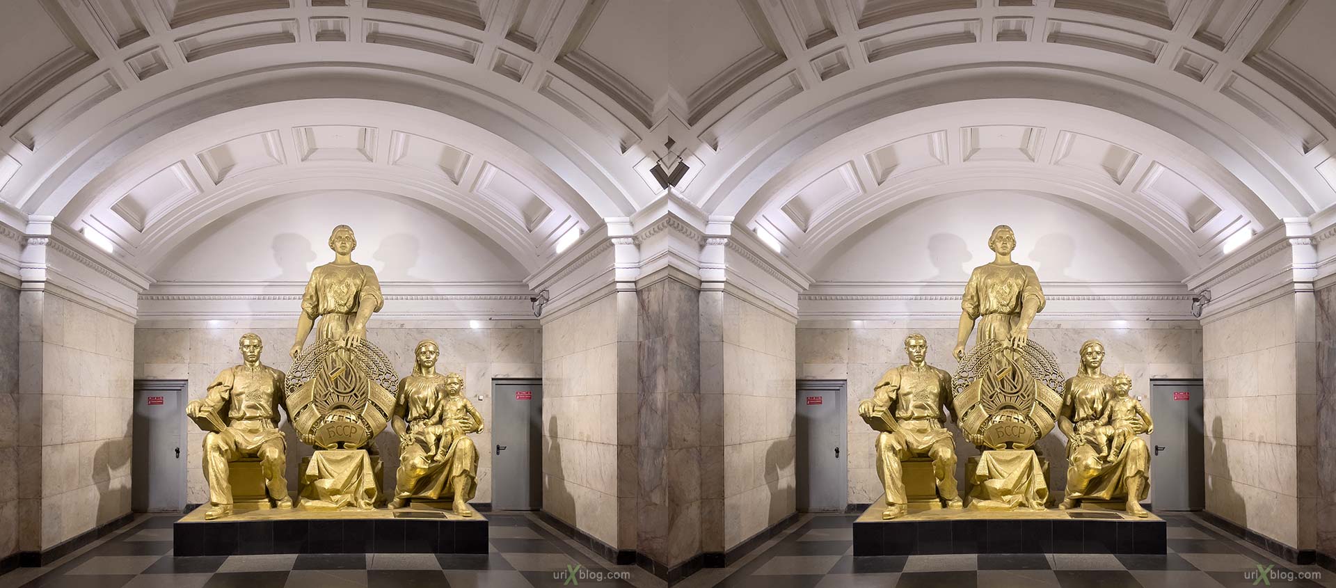 Soviet Belorussia, Belorusskaia, monument, statue, worker, Moscow, Russia, metro, subway, gold, 3D, stereo pair, cross-eyed, crossview, cross view stereo pair, stereoscopic