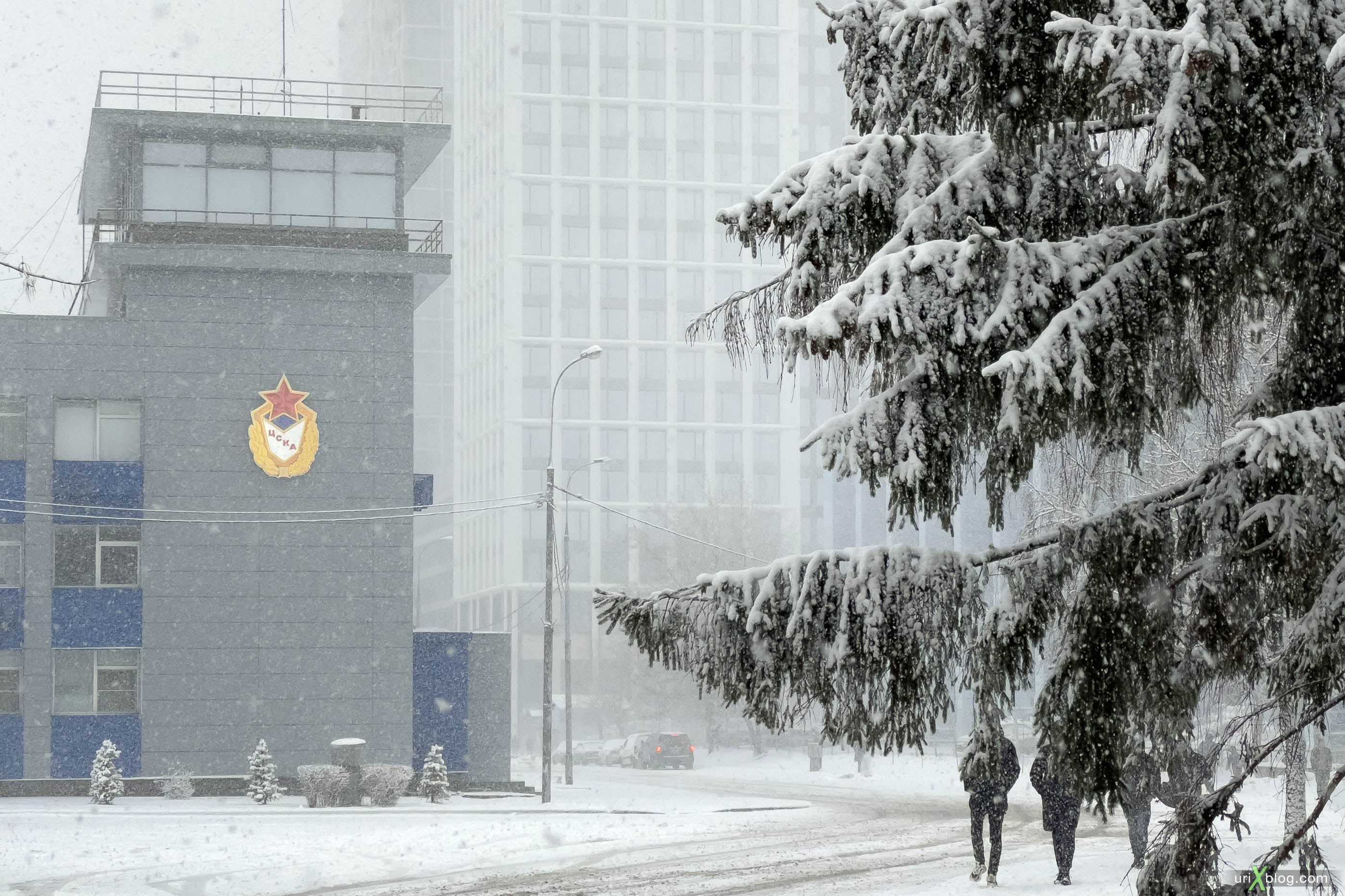 snow, spring, winter, april, CSKA, skyscraper, bw, black and white, Moscow, Russia