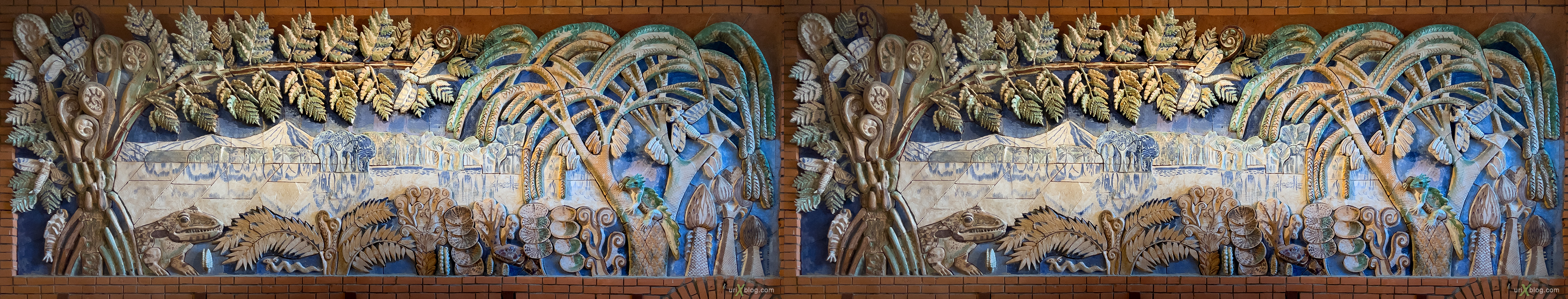 high relief, paleontology, soviet, paleontological museum, museum, Moscow, Russia, 3D, stereo pair, cross-eyed, crossview, cross view stereo pair, stereoscopic, panorama