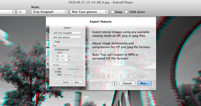 XstereO Player, screenshot, Mac OS X, 3D, stereo